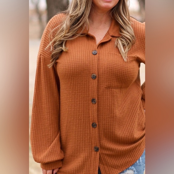 Plus Size Waffle-Knit Button Up Shirt - Picture 3 of 3